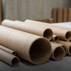 Tubos de papel empilhados, com destaque para suas espessuras e diâmetros.