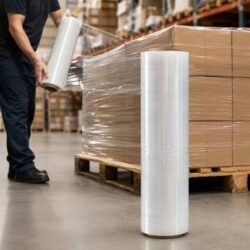 Rolo de filme ao lado de uma carga embalada em um ambiente industrial.